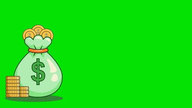 2D Money Bag and Coins Animation on Green Screen with Copy Space for Business, Finance, Investment, and Marketing Content