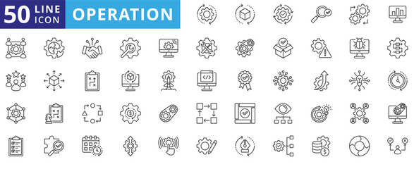 operation icon pack outline contains industrial process, daily operation, execution plan, optimization, leadership, monitoring, organization, coordination, logistics, execution, resource utilization