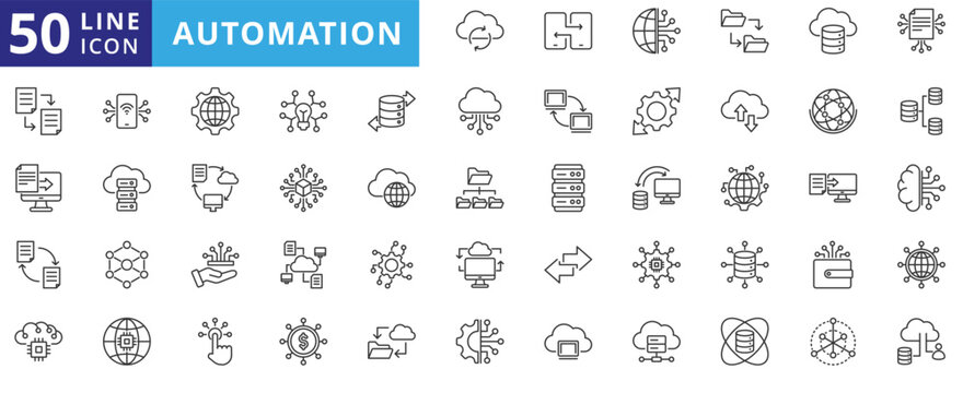 automation icon pack outline contains near communication, elastic computing, internet of things, automated reporting, digital ecosystem, content delivery, industry 4.0, ai technology adoption
