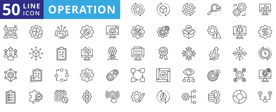 operation icon pack outline contains industrial process, daily operation, execution plan, optimization, leadership, monitoring, organization, coordination, logistics, execution, resource utilization