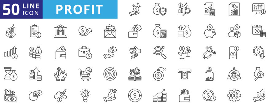profit icon pack outline contains return on investment, capital gain, fundraising, business growth, time is money, ebitda, mobile banking, dividend, financial performance, balance, equity, cash flow