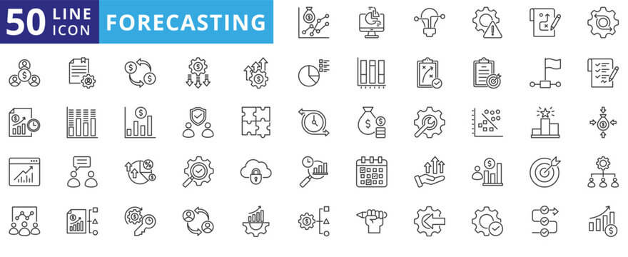 forecasting icon pack outline contains data regression, prediction, profit, projection, estimate, trend, planning, model, analysis, business process, iteration, history, benchmark, kpi, metric, report