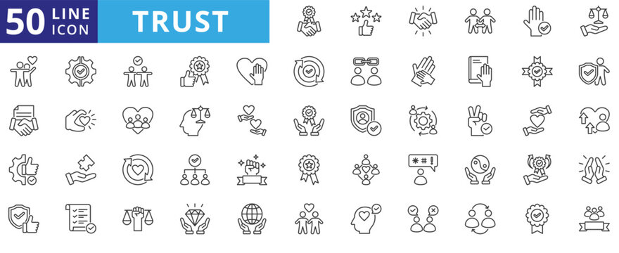 trust icon set outline contains authenticity, integrity, transparency, dependability, commitment, accountability, openness, respect, security, safety, assurance, reputation, goodwill, truth, sincerity
