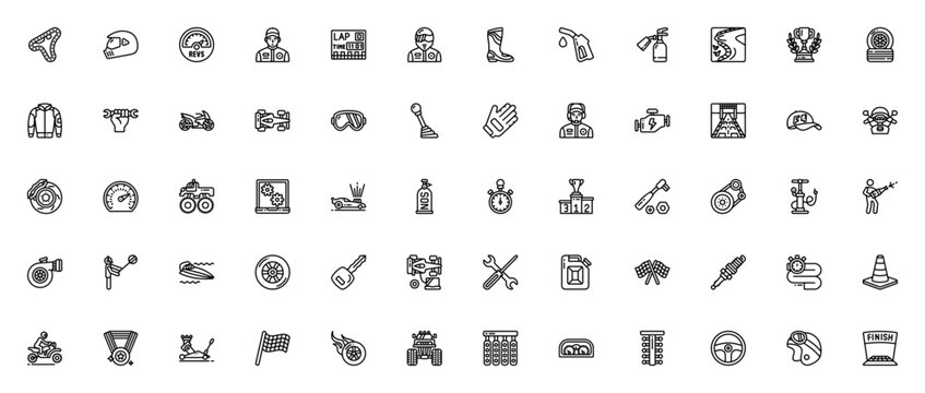 Motor sports icon set. Vector racing symbols collection. Includes race track, helmet, trophy, racing car, motorbike, pit stop, tools, flag and more. Editable stroke.
