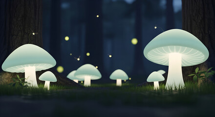 Glowing mushroom lamps with fireflies in magical forest