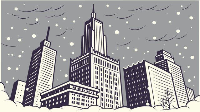 An urban center with scratches encased in layers of ice, dense snowflakes, and a dramatically cloudy sky.