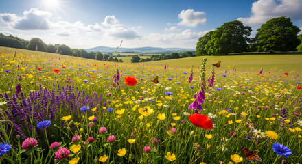 Idyllic panoramic summer meadow full of colorful flowers on a beautiful summer day.