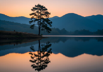 pang ung , reflection of pine tree in a lake , meahongson , Thailand