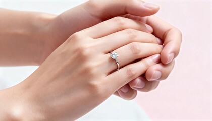 Elegant Engagement Ring Moment on Couple&rsquo;s Hands, Romantic Proposal with Diamond Ring, Minimal Luxury Wedding and Valentine Concept on Soft Neutral Background.