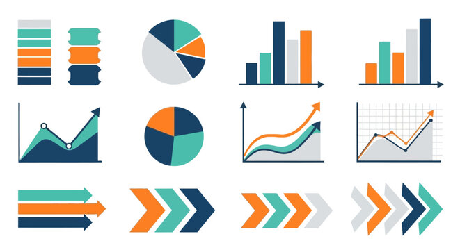 Modern Data Visualization Elements: Charts, Graphs, and Progress Arrows for Business Infographics