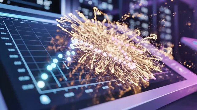 A tablet displaying a futuristic graph with glowing lines and sparks emanating from it