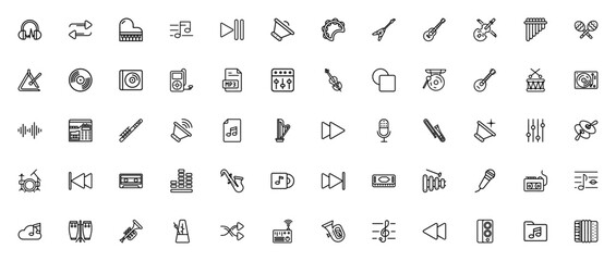 Music icon set. Vector illustration pack featuring headphones, piano, guitar, violin, drums, microphone, speaker, radio, and more musical instruments and symbols. Editable stroke. © wang