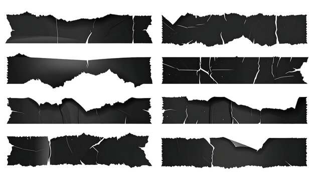 Set of realistic black duct tape strips and torn adhesive gaffer tape pieces isolated on white background, wrinkled matte electrical tape mockup for textured industrial design and repair elements