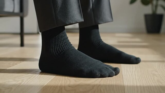 Close-up shot of a person wearing black tabi socks and black pants, sitting on a wooden floor