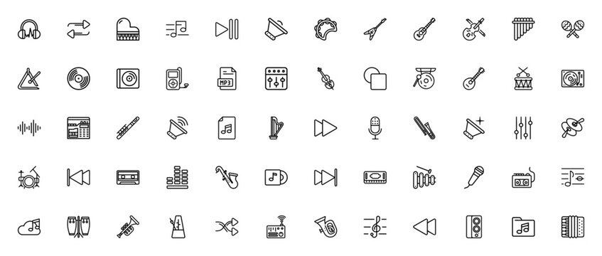 Music icon set. Vector illustration pack featuring headphones, piano, guitar, violin, drums, microphone, speaker, radio, and more musical instruments and symbols. Editable stroke.