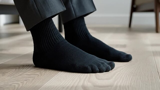 Close-up of a person's feet wearing black five-toe socks and dress pants on a wooden floor