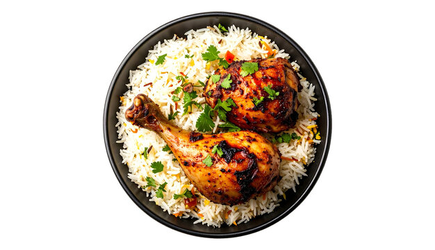 Roasted Golden Chicken Drumsticks and Thighs Served Over Fluffy Vegetable Basmati Rice Pilaf in a Black Ceramic Bowl Isolated on White Background