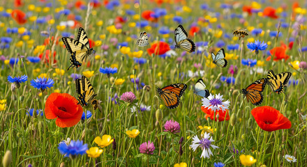 Summer meadow full of colorful flowers and flying butterflies.