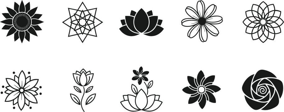 Floral icon vector set with decorative flowers lotus roses and geometric botanical symbols isolated on white background illustration