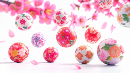 おひな祭り　手まりのオーナメントと桃の花の背景