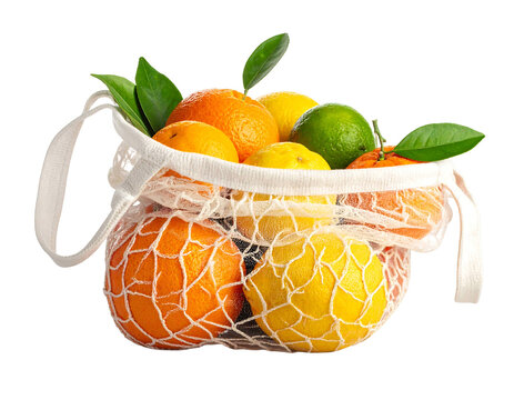 Reusable white mesh grocery bag filled with fresh oranges and lemons isolated on white background, realistic zero waste net bag with citrus fruits for sustainable lifestyle and eco-friendly shopping
