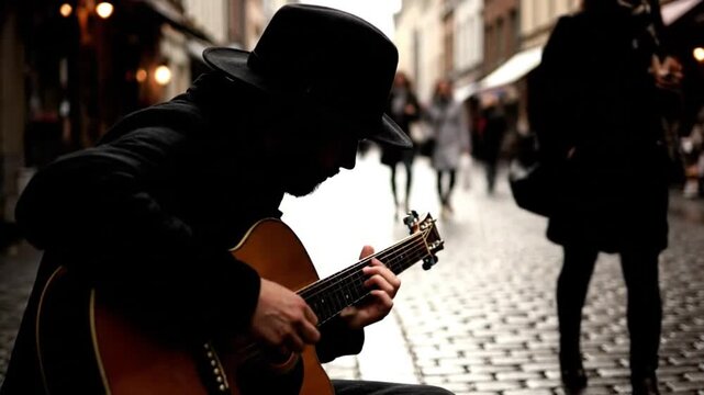 Street musician playing guitar urban paris ai generated artwork vibrant atmosphere low angle generative ai concept