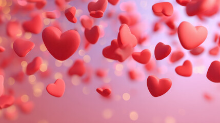 Floating red hearts create romantic atmosphere against soft pink background, evoking feelings of love and joy. gentle bokeh adds dreamy touch to this enchanting scene