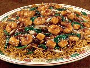 Delicious Shrimp Chow Mein Noodles on a Plate.