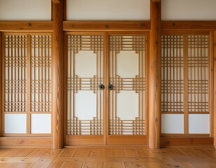 전통 한옥 한지 문 창문 목재 창호 한국 한지 목재 대칭 미니멀 문화 건축 따뜻함 정면 이미지