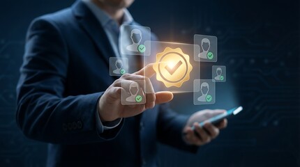 Obraz premium A businessman interacts with a glowing holographic interface displaying user profiles and a prominent checkmark symbol signifying verification high quality professional detailed
