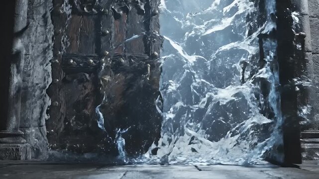 A majestic icy explosion bursts through a ruined stone doorway, splintering walls and flooding the chamber with crystalline shards