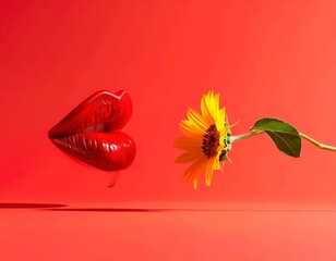 Floating red lips sculpture and yellow flower in minimalist space with bold red backdrop creating a playful and modern surreal visual concept