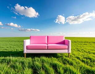Pink and white sofa standing alone in lush green meadow beneath blue sky presenting clean cheerful lifestyle furniture scene