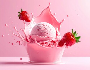 Single scoop strawberry ice cream bursting through creamy splash with fresh berries on soft pink studio background