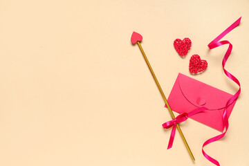 Naklejka premium Composition with cupid's arrow, envelope, hearts and ribbon on color background. Valentine's Day celebration