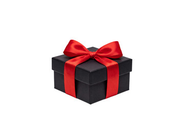 Obraz premium Black rectangular gift box adorned with a glossy red ribbon bow, ideal for festive celebrations or gifting occasions. Simple, elegant design for presents.