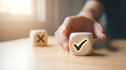 A hand is selecting a wooden block with a checkmark contrasting it with a block marked with an x representing choice and decision