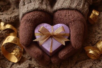 Fototapeta premium Warm woolen mitts cradle a delicate heart shaped present adorned with shimmering gold ribbon