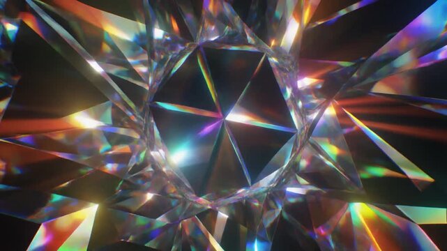 Refracted rainbow beams passing through rotating translucent crystal shards