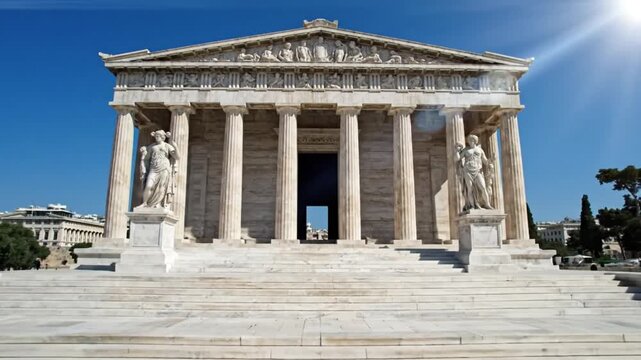 Ancient Greek architecture showcases the iconic classical temple facade in bright sunlight with detailed sculptures