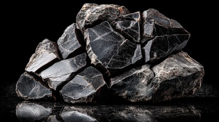 Fractured obsidian stone displays glossy surfaces and crack patterns highlighted by strong lighting, creating a high contrast scene