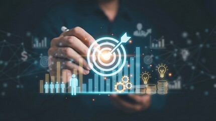 A person aims a glowing arrow at a target surrounded by data visualizations representing business strategy and achieving goals high quality professional