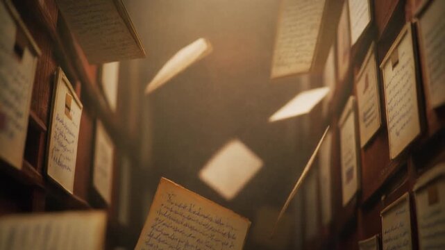Vintage index cards floating upward in smooth slow motion, handwritten catalog notes