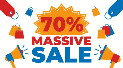 Massive 70% Sale Announcement, Graphic Design for Businesses, Promotional Event, Vibrant Environment