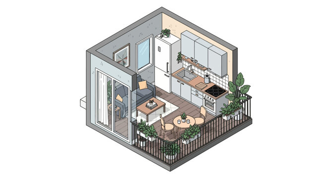 Isometric cutaway view of a stylish modern apartment showing living room, kitchen, and balcony with furniture and plants in a bright studio.