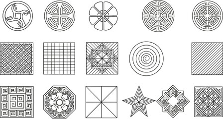 Geometric ornamental vector icon set with abstract circular square patterns mandalas grids and decorative line art