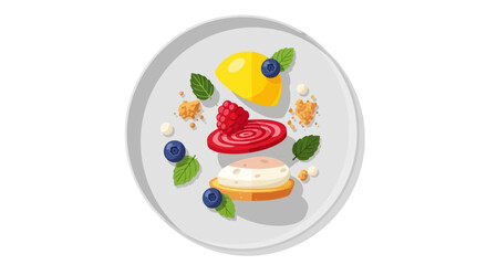 Elegant dessert with lemon, raspberry, blueberry, and mint on a white plate, isolated white background.