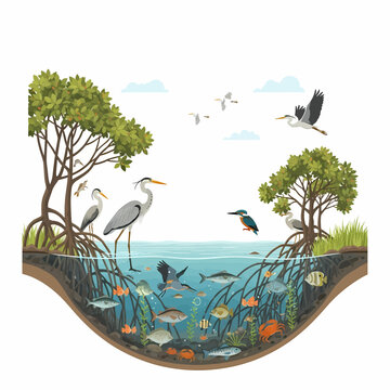 Diverse Wetland Ecosystem Thriving with Herons, Fish, and Mangroves in a Detailed Vector Illustration