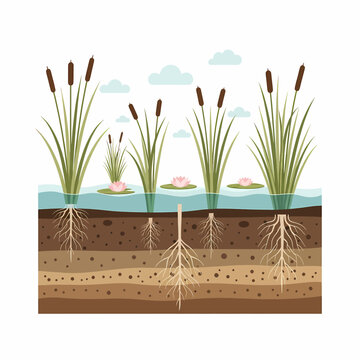 Cattails and Water Lilies Root System Diagram in Wetland Soil Layers Vector Illustration