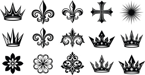 Heraldic crown and fleur de lis vector icon set with royal crosses flowers and ornamental symbols © MDSOBUJ